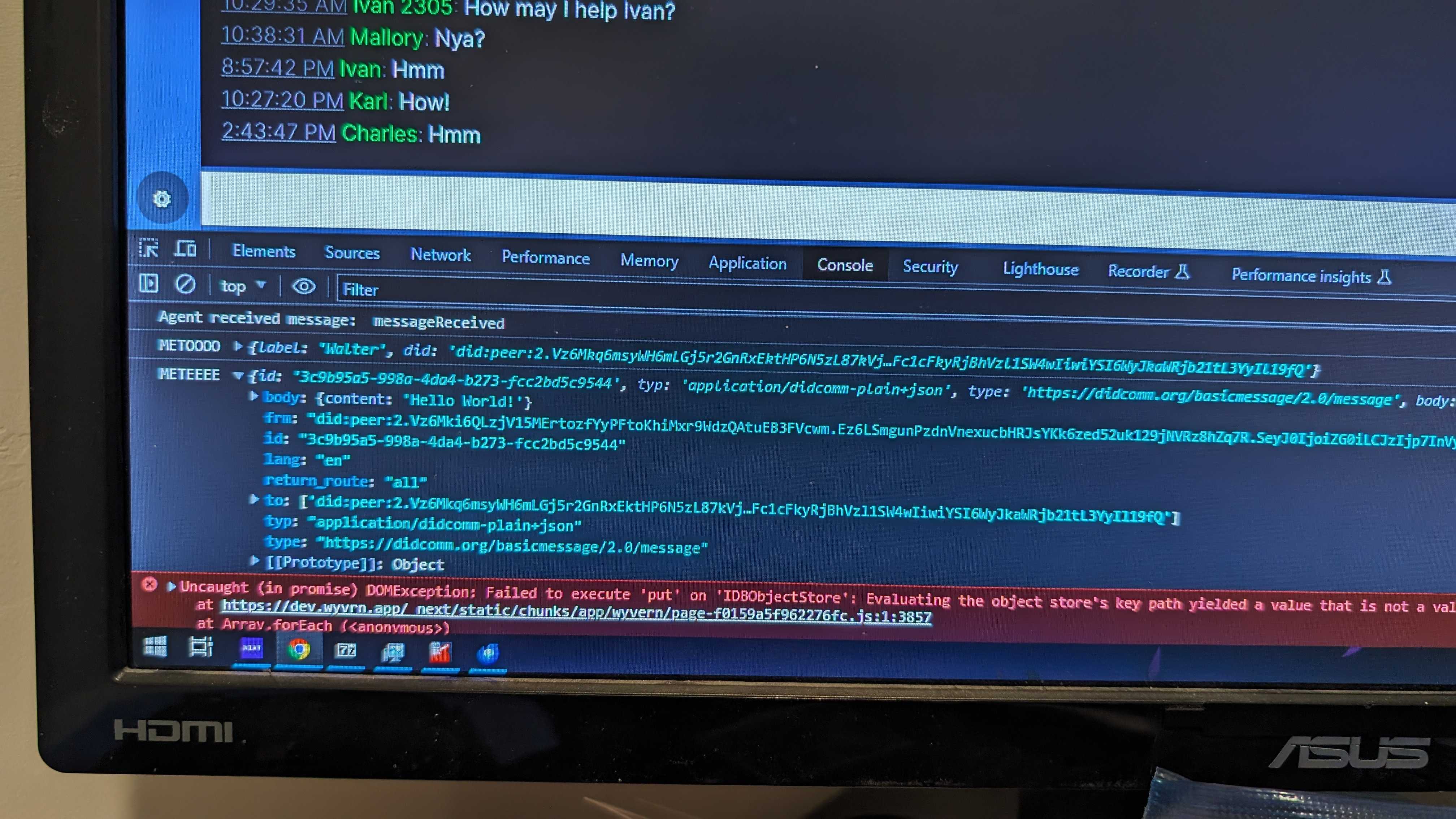 Picture of the chrome developer tools for a custom web app, showing that the message &ldquo;Hello World&rdquo; has been received
